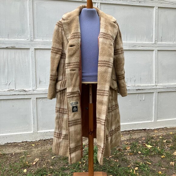 Lynn Pynn Pure Wool Long Winter Coat Vintage 60s Made in Canada Beige Plaid - Picture 4 of 16